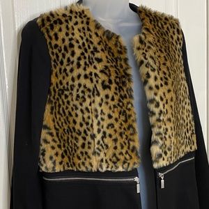 Chico's Faux Fur Leopard Print & Black Long Jacket